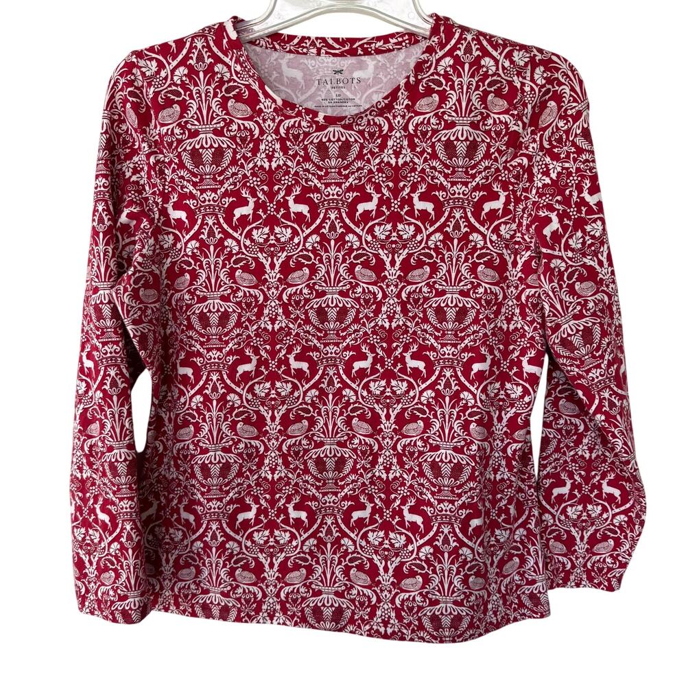 Talbots L/P pullover top boat neck scroll raindeer red Tee